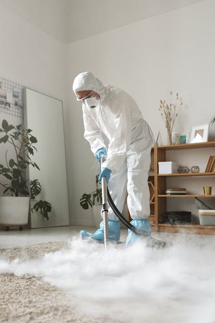 A professional cleaning technician dressed in full protective gear, including a white disposable suit, mask, and gloves, is performing deep cleaning on a beige carpet in a well-lit, modern living room. The technician is using a specialized steam cleaning machine, with steam and mist visible on the carpet surface. The room features contemporary décor with wooden shelving units, potted plants, and framed artwork on the walls, and appears clean and well-maintained. The scene emphasizes thorough surface cleaning and sanitisation, performed by Highbury Cleaner as part of their residential cleaning services, highlighting attention to detail in hygiene and stain removal.