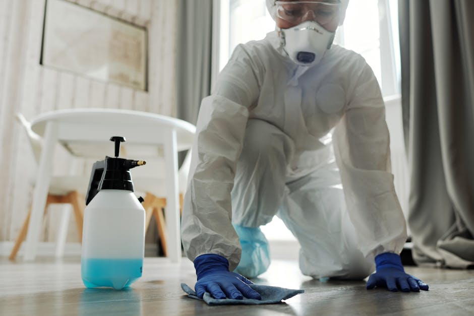A young woman in a grey t-shirt and red cleaning overalls holding a vacuum hose, standing inside a modern, well-lit room with large windows. In the background, a male colleague dressed similarly in re